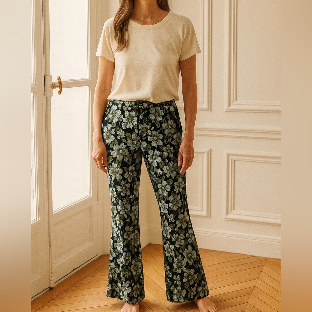 NWT JB by Julie Brown Floral Boot Cut Pants - Black and Green